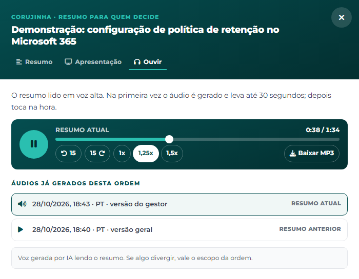 Aba Ouvir da Corujinha, com o player de áudio, os controles de 15 segundos e de velocidade, o botão Baixar MP3 e a lista de áudios já gerados da ordem.