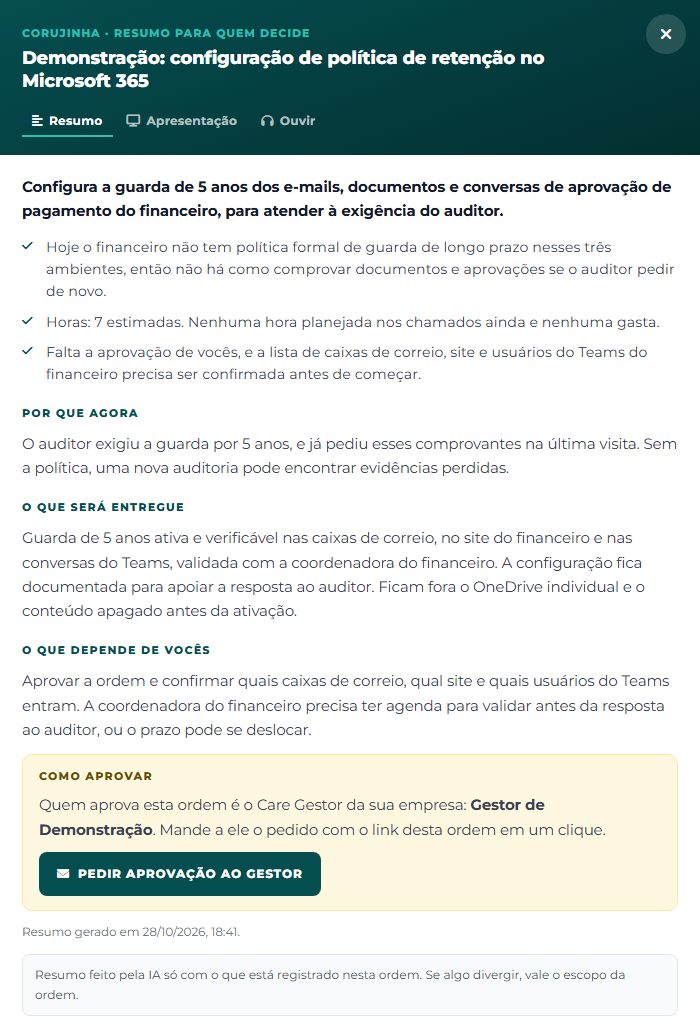 Aba Resumo da Corujinha para quem pediu o serviço: o quadro Como aprovar mostra o nome do Care Gestor e o botão Pedir aprovação ao gestor.