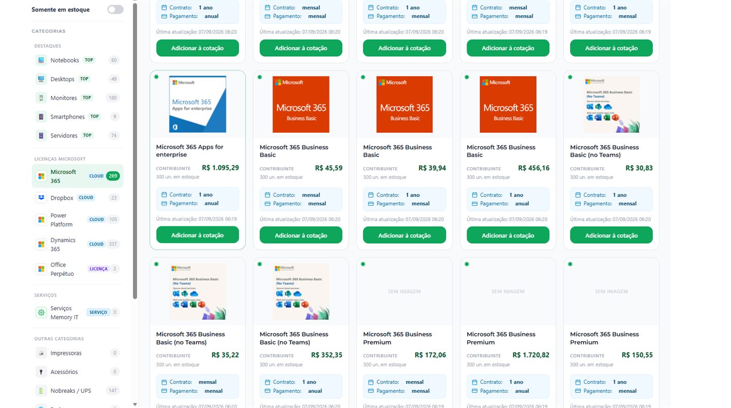 Catálogo da plataforma com os planos Microsoft 365 Business Basic e Premium, cada um com preço, contrato, forma de pagamento e botão de adicionar à cotação