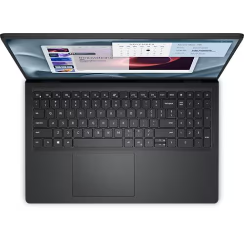 Notebook Dell Pro Essential 15 aberto, visto de cima, com a tela ligada, teclado com teclado numérico e touchpad